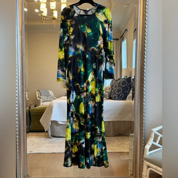 Karen Millen Jersey Abstract Floral Print Long Sleeve Midi Dress SIZE 8 - Picture 3 of 11